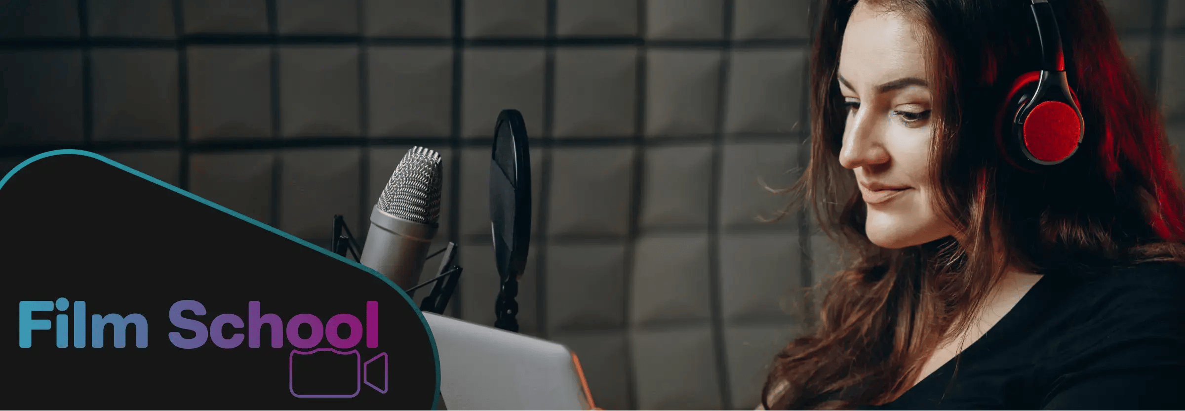 Female rcording voice over in studio. WeVideo Film School graphic in bottom left corner. 